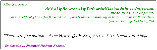 Text Box: Allah (swt) says;
Neither My Heavens nor My Earth can hold Me, but the heart of my servant, 
the believer, is a house for me.
...and sanctify My house for those who compass It round, or stand up, or bow, or prostrate themselves (therein In prayer). (AI-Hajj:26)
There are five stations of the Heart: Qalb, Sirr, Sirr as-Sirr, Khafa and Ahkfa.
 By Shaykh Muhammad Hisham Kabbani
 
